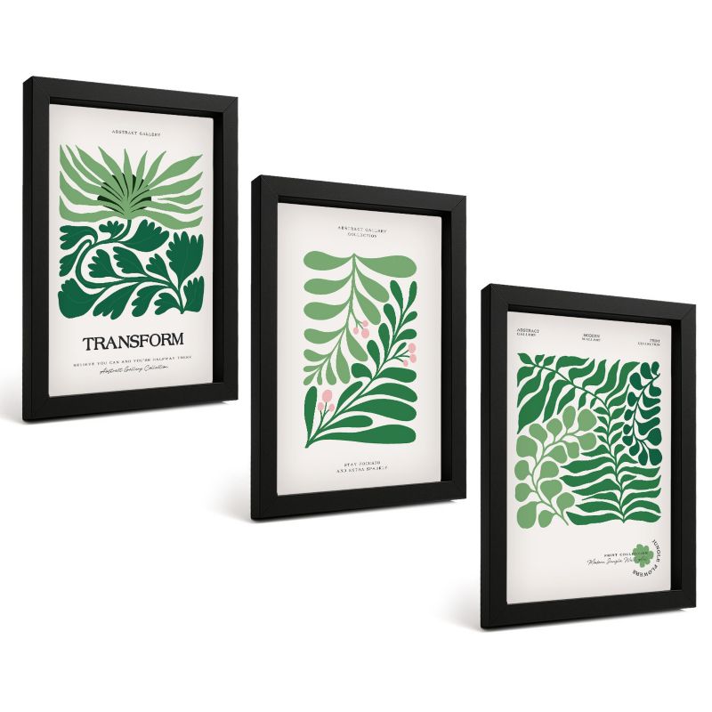 Trzyczęściowy Zestaw Obrazów ArtPrintCave 20x30 cm Czarna rama Zielone liście rośliny kształty 1 kpl.
