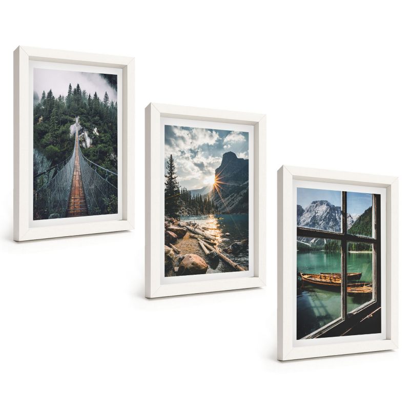 Zestaw Obrazów 3 Częściowy ArtPrintCave Białe Ramki 20x30 cm Dekoracja do Sypialni Most las jezioro łodzie góry 1 kpl.