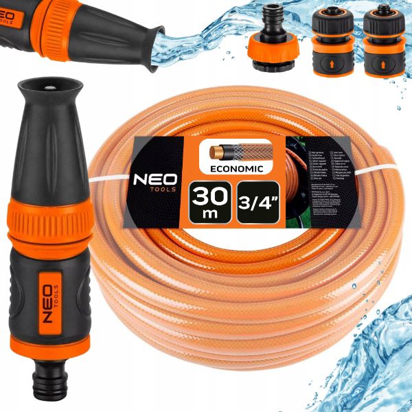 Wąż ogrodowy ze zraszaczem prostym, złączkami i przyłączem do kranu NEO TOOLS, 30 m, 3/4", 1 kpl.