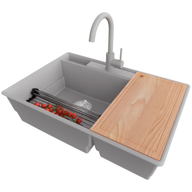 Zlewozmywak Granitowy Paryż Chef PRIMAGRAN Nablatowy 78x53cm do Szafki od 80cm, Szary + Bateria 32x20cm + Syfon, S043, 1 szt.