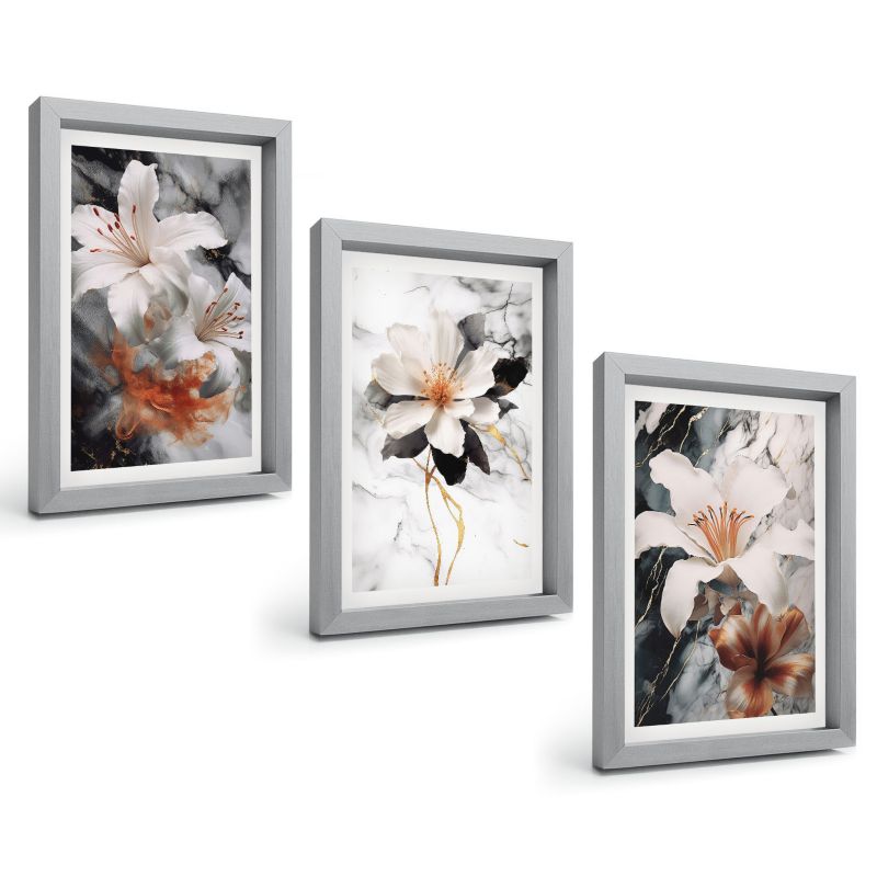 Galeria 3 Obrazów w Srebrnej Ramie ArtPrintCave 20x30 cm Komplet ścienny Kwiaty marmur biel czerń 1 kpl.