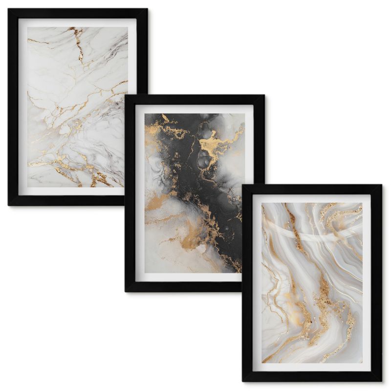 Set Obrazów w Ramie Wallfluent Abstrakcyjne białe czarne wzory Czarna rama 20x30cm 3 szt.