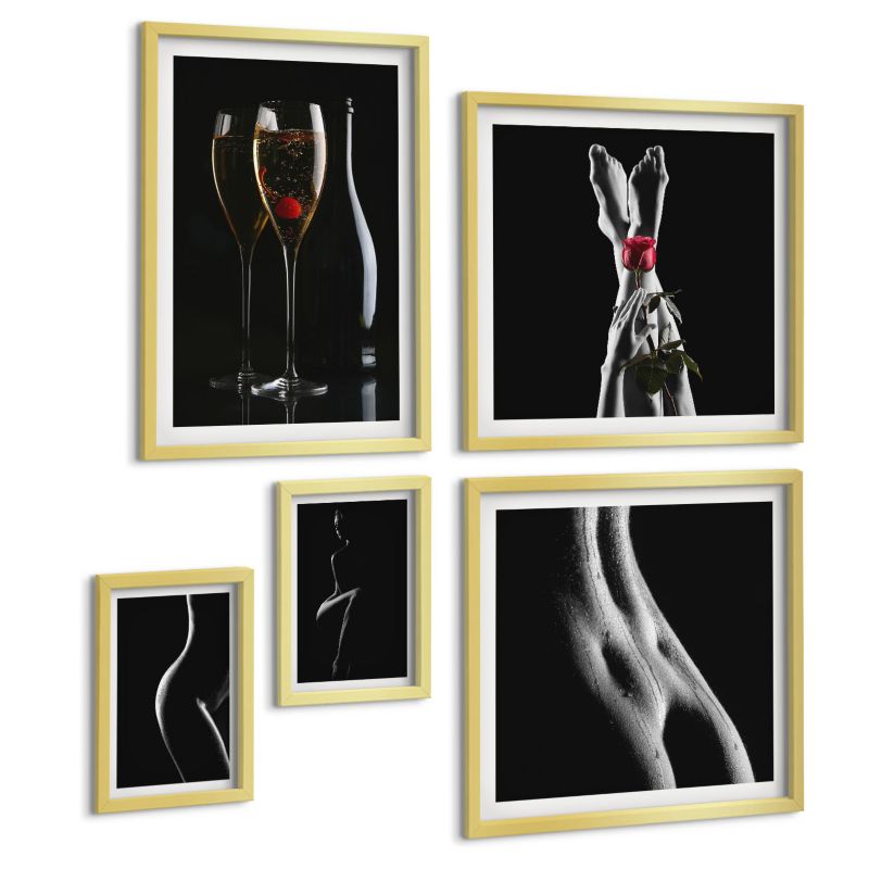 Komplet 5 Obrazów ArtPrintCave (2x50x50+2x20x30+40x60cm) Złota rama Czarno-Złote kobiece kształty 1 kpl.