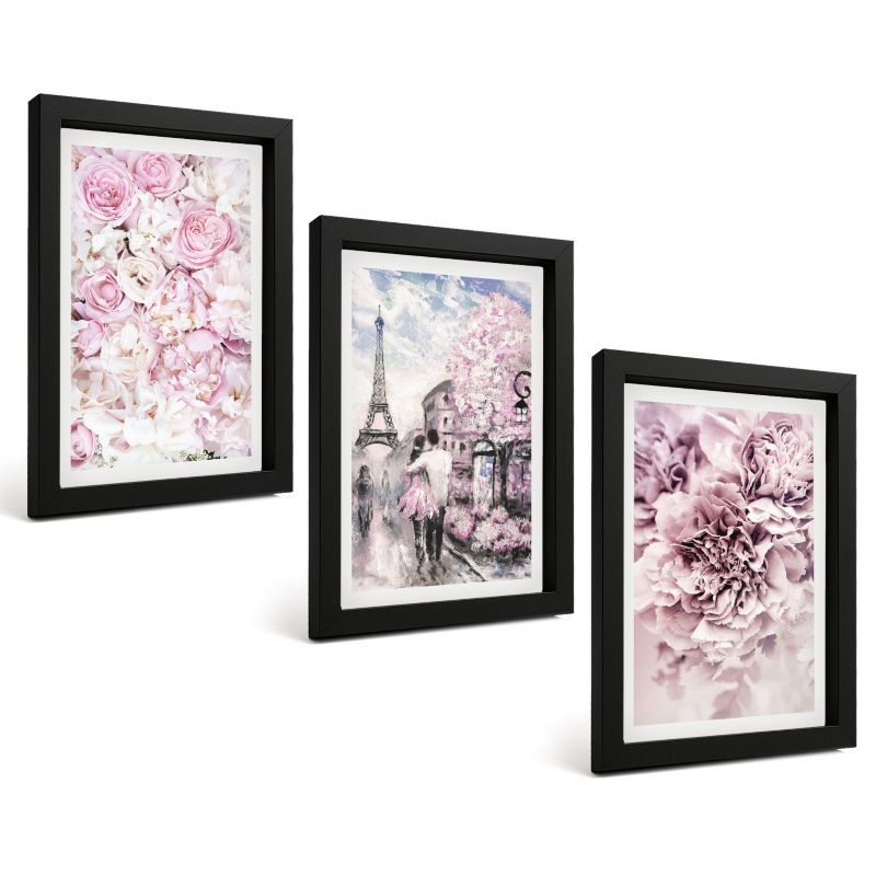 Zestaw Obrazów 3 Częściowy ArtPrintCave Czarne Ramki 20x30 cm Dekoracja do Sypialni Kwiaty odcienie różu krajobraz 1 kpl.