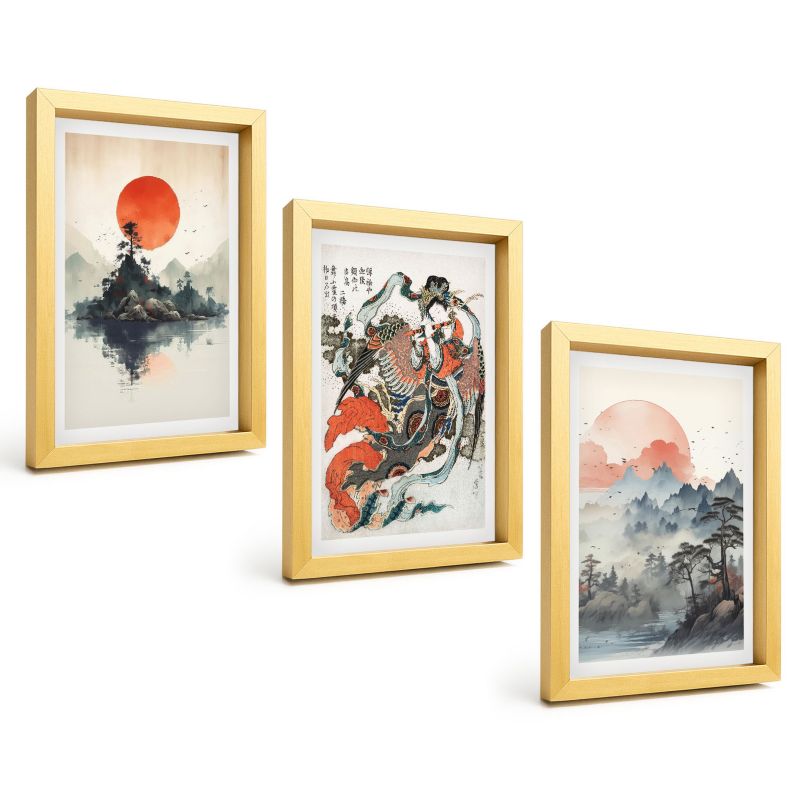 Zestaw Obrazów 3 Częściowy ArtPrintCave Złote Ramki 20x30 cm Dekoracja do Sypialni Azjatyckie malunki japandi 1 kpl.