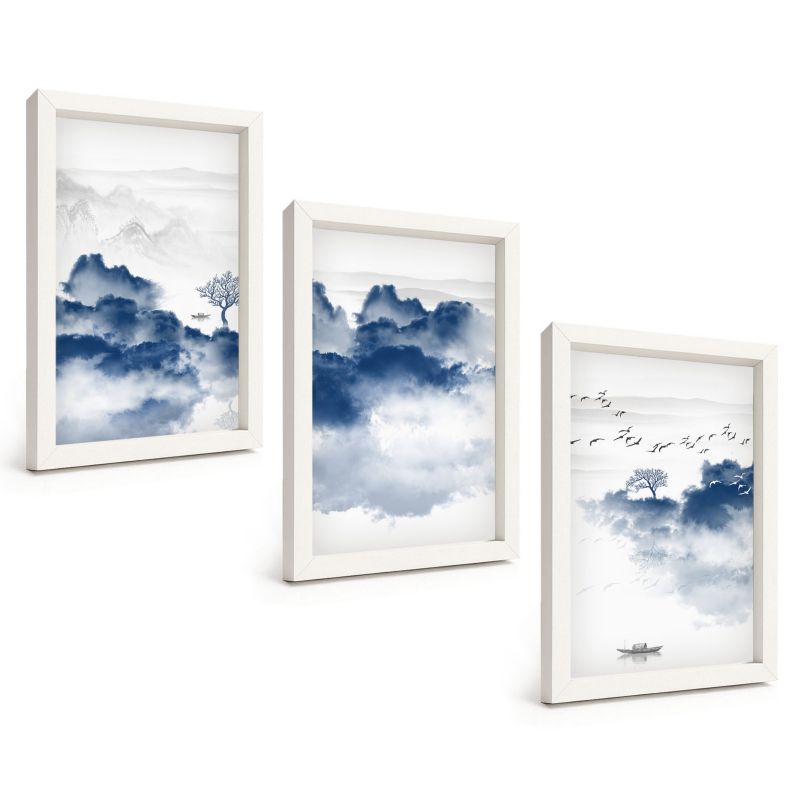 Zestaw Obrazów 3 Częściowy ArtPrintCave Białe Ramki 20x30 cm Dekoracja do Sypialni Góry chmur drzewa ptaki 1 kpl.