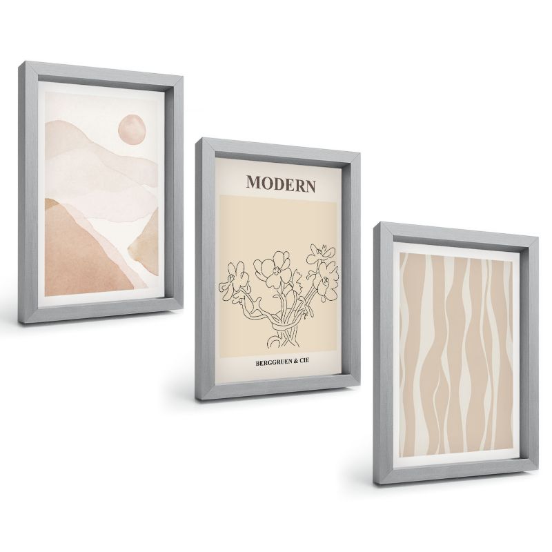 Zestaw Obrazów 3 Częściowy ArtPrintCave Srebrne Ramki 20x30 cm Dekoracja do Sypialni Abstrakcyjne kształty kolory 1 kpl.