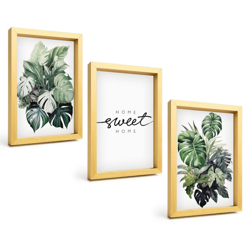Zestaw Obrazów 3 Częściowy ArtPrintCave Złote Ramki 20x30 cm Dekoracja do Sypialni Rośliny z napisem Sweet Home 1 kpl.