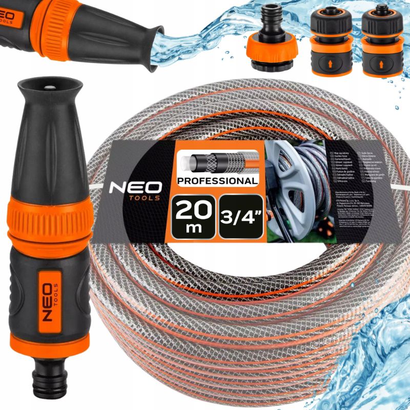 Wąż ogrodowy 6-warstwowy ze zraszaczem prostym i złączkami NEO TOOLS, 20 m, 3/4", 1 kpl.