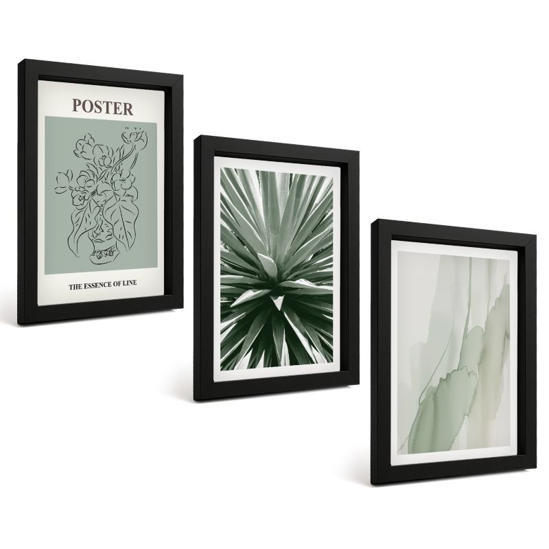 Zestaw Obrazów 3 Częściowy ArtPrintCave Czarne Ramki 20x30 cm Dekoracja do Sypialni Roślinne wzory w zieleni 1 kpl.