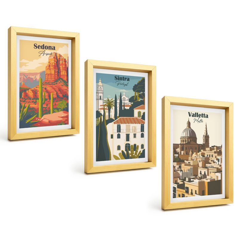 Zestaw Obrazów 3 Częściowy ArtPrintCave Złote Ramki 20x30 cm Dekoracja do Sypialni Widoki Sedona Sintra Valletta 1 kpl.