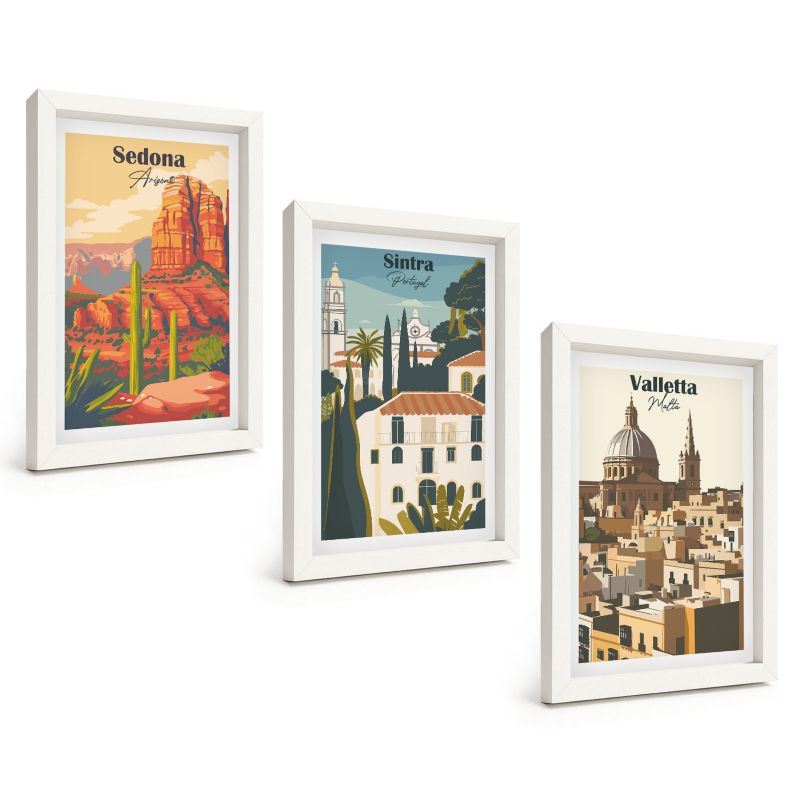 Zestaw Obrazów 3 Częściowy ArtPrintCave Białe Ramki 20x30 cm Dekoracja do Sypialni Widoki Sedona Sintra Valletta 1 kpl.