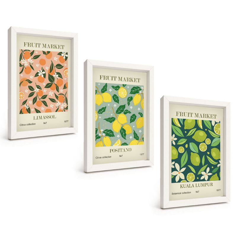 Zestaw Obrazów 3 Częściowy ArtPrintCave Białe Ramki 20x30 cm Dekoracja do Sypialni Owocowe wzory cytrusy kwiaty 1 kpl.