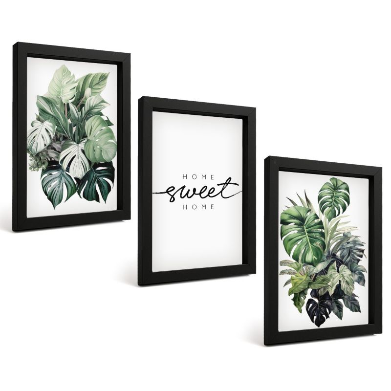 Zestaw Obrazów 3 Częściowy ArtPrintCave Czarne Ramki 20x30 cm Dekoracja do Sypialni Rośliny z napisem Sweet Home 1 kpl.