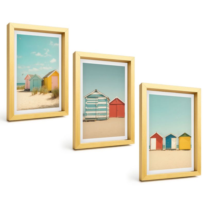 Zestaw Obrazów 3 Częściowy ArtPrintCave Złote Ramki 20x30 cm Dekoracja do Sypialni Kolorowe domki plaża słońce 1 kpl.