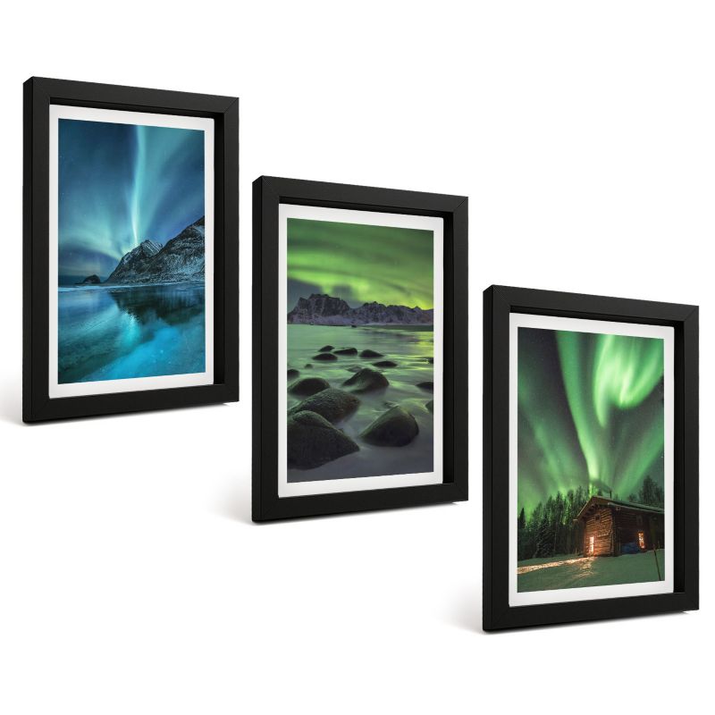 Zestaw Obrazów 3 Częściowy ArtPrintCave Czarne Ramki 20x30 cm Dekoracja do Sypialni Zimowe pejzaże zorza góry 1 kpl.
