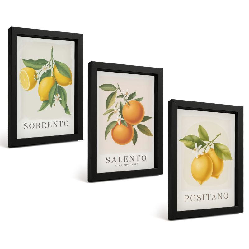 Zestaw Obrazów 3 Częściowy ArtPrintCave Czarne Ramki 20x30 cm Dekoracja do Sypialni Cytryny pomarańcze Amalfi 1 kpl.