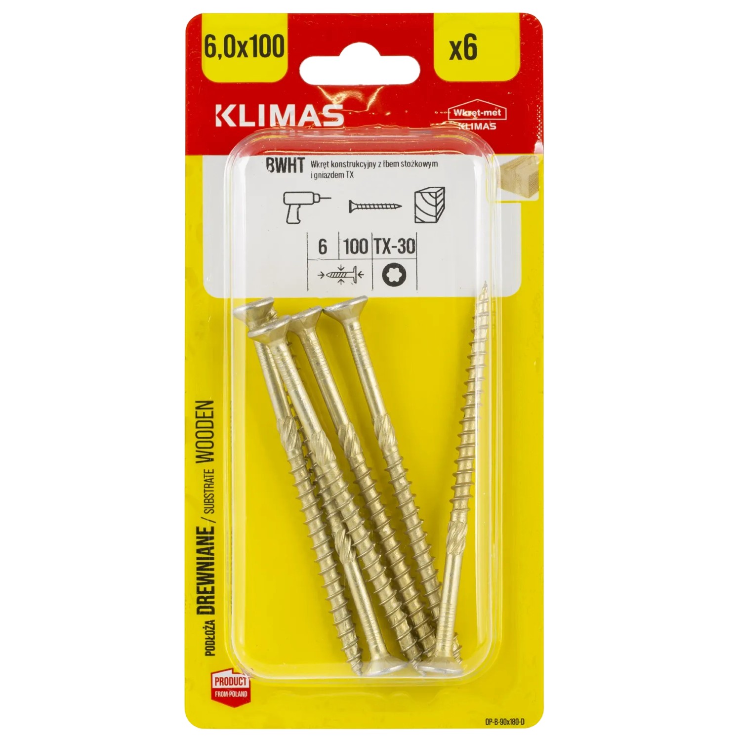 Klimas Wkręt konstrukcyjny z łbem stożkowym torx 6x100 mm