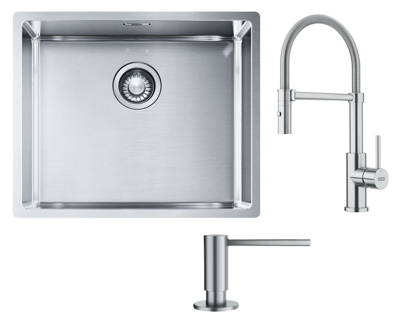 Zestaw Franke Box zlewozmywak stalowy 54x45 cm stal szlachetna z baterią kuchenną Smart Glenda Semi-Pro i dozownikiem do płynów 350 ml ... - Wysyłka w