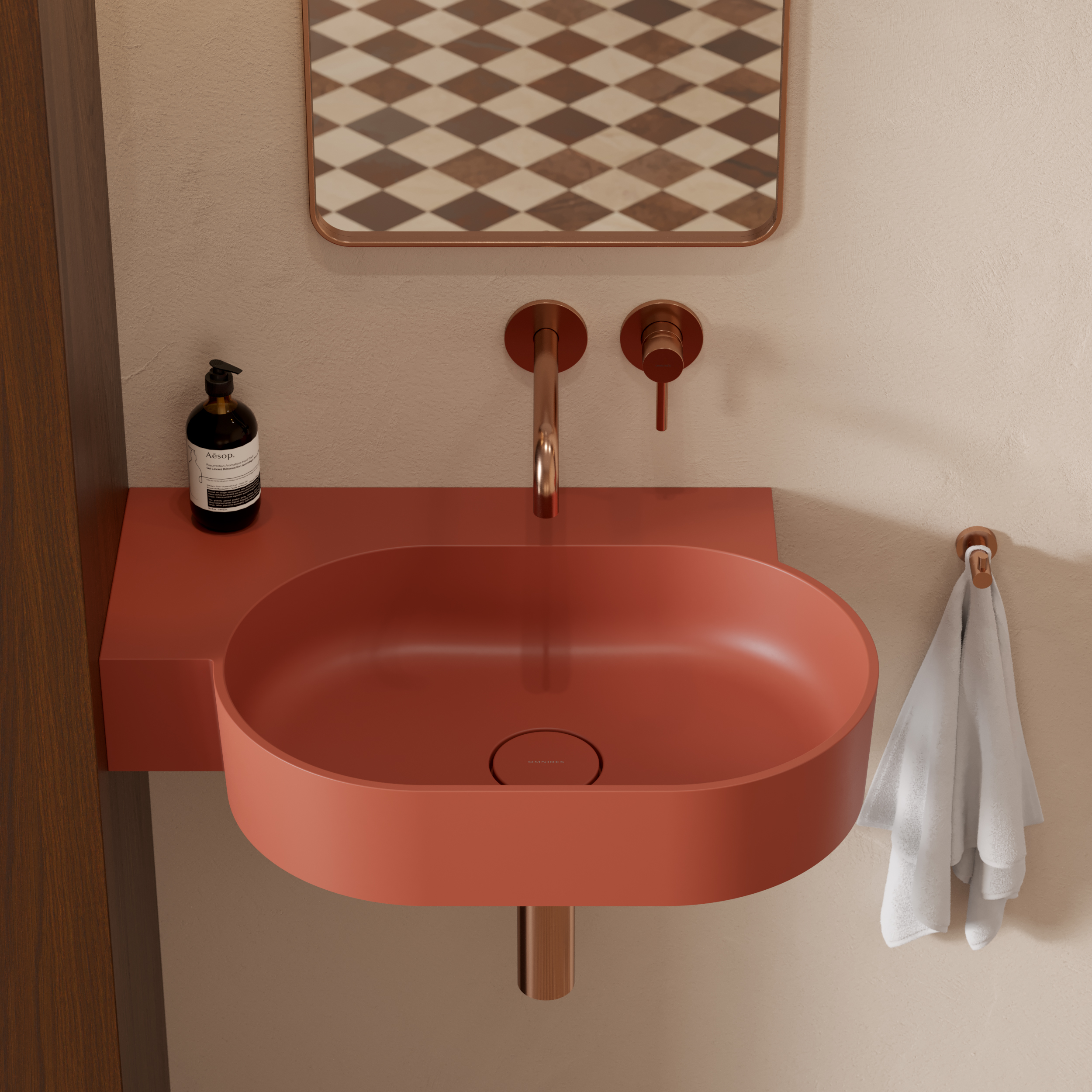 Omnires Ovo M+ umywalka 64x44 cm narożna ścienna-nablatowa terracotta mat OVO645UWLTE