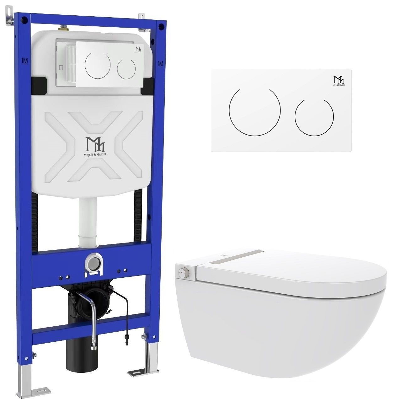 Darmowa Dostawa - Toaleta myjąca ze stelażem i przyciskiem wisząca bez kołnierza biała Major&Maker Royal + Coral White I65S200302W