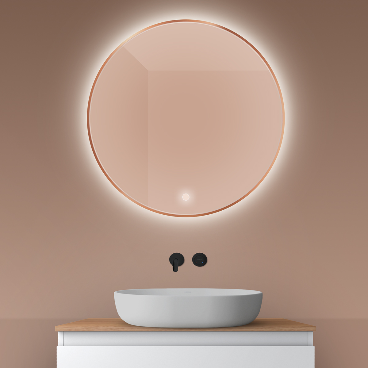 Oltens Nordlis lustro 80 cm okrągłe z oświetleniem z oświetleniem od tyłu z matą grzewczą miedź szczotkowana 64109610 - Wysyłka w 24h