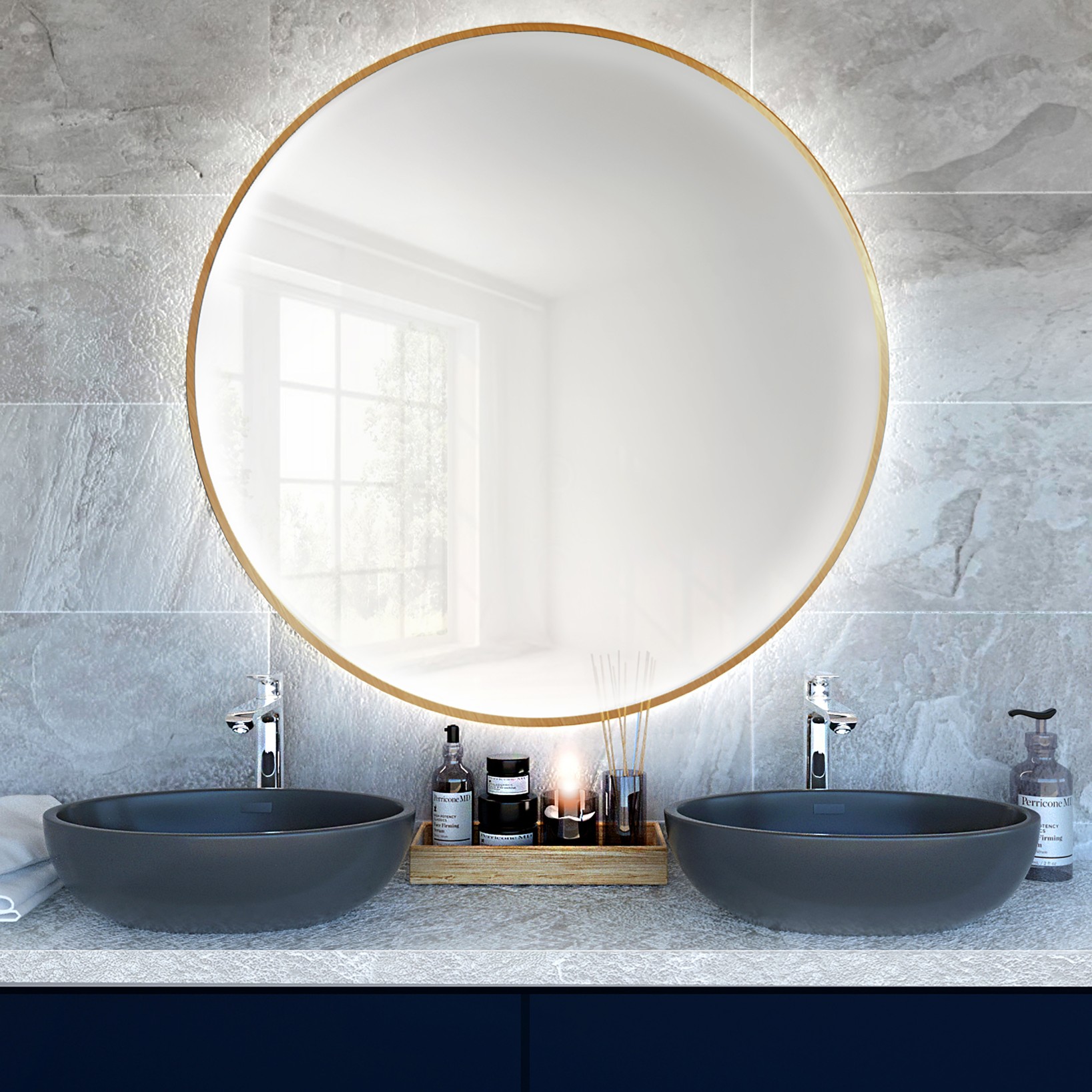 Baltica Design Bright lustro 90 cm okrągłe z oświetleniem LED złote barwa neutralna - Wysyłka w 24h