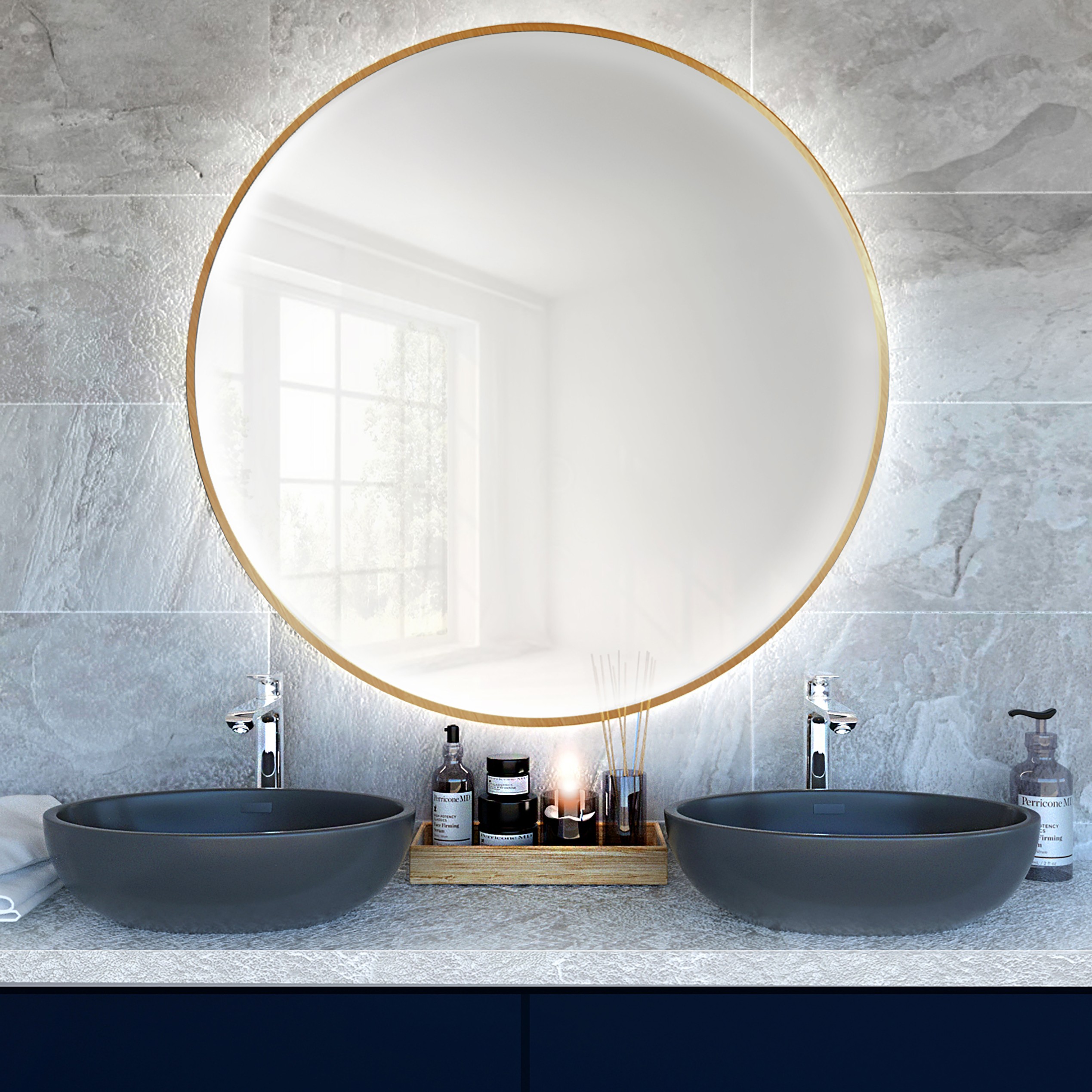 Darmowa Dostawa - Lustro 80x80 cm okrągłe z oświetleniem złoty Baltica Design Bright 5904107900339