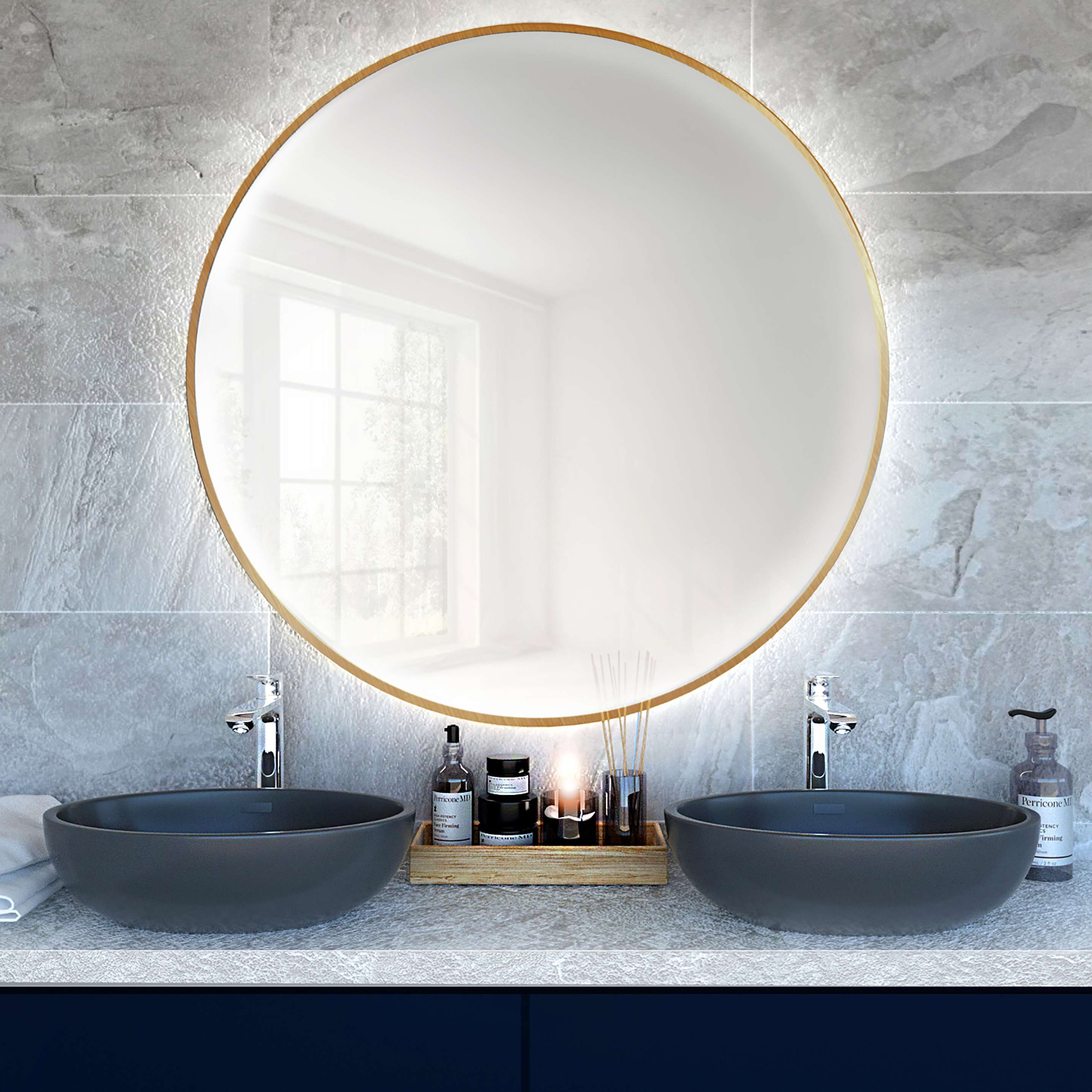 Darmowa Dostawa - Lustro 70x70 cm okrągłe z oświetleniem złoty Baltica Design Bright 5904107900216
