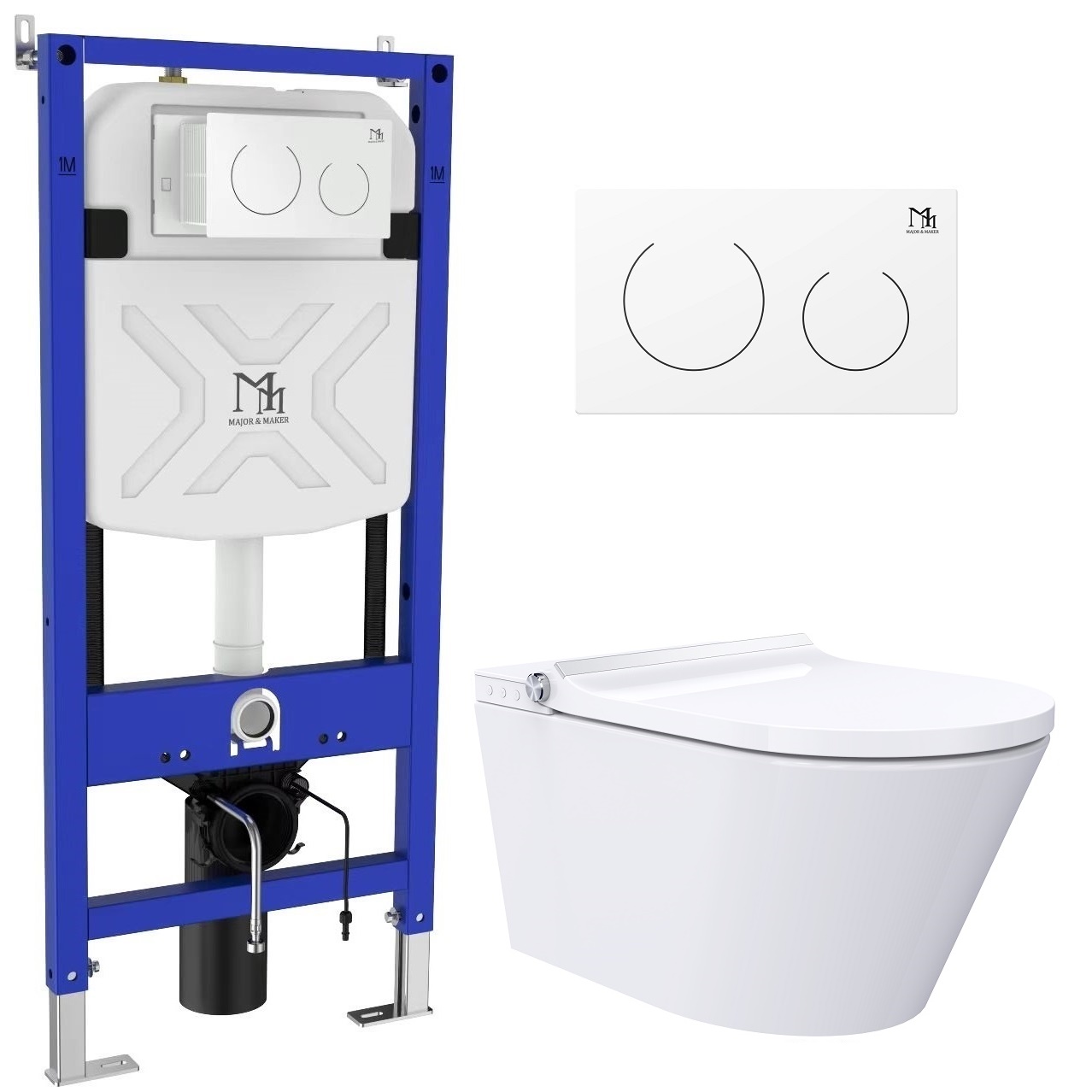 Darmowa Dostawa - Toaleta myjąca ze stelażem i przyciskiem wisząca bez kołnierza biała Major&Maker Classic + Coral White 4050FWS200302W