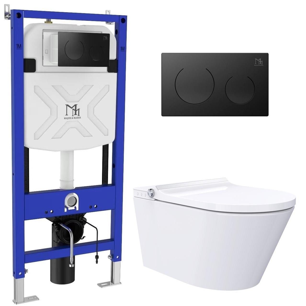 Darmowa Dostawa - Toaleta myjąca ze stelażem i przyciskiem wisząca bez kołnierza biała Major&Maker Classic + Coral Black 4050FWS200302B