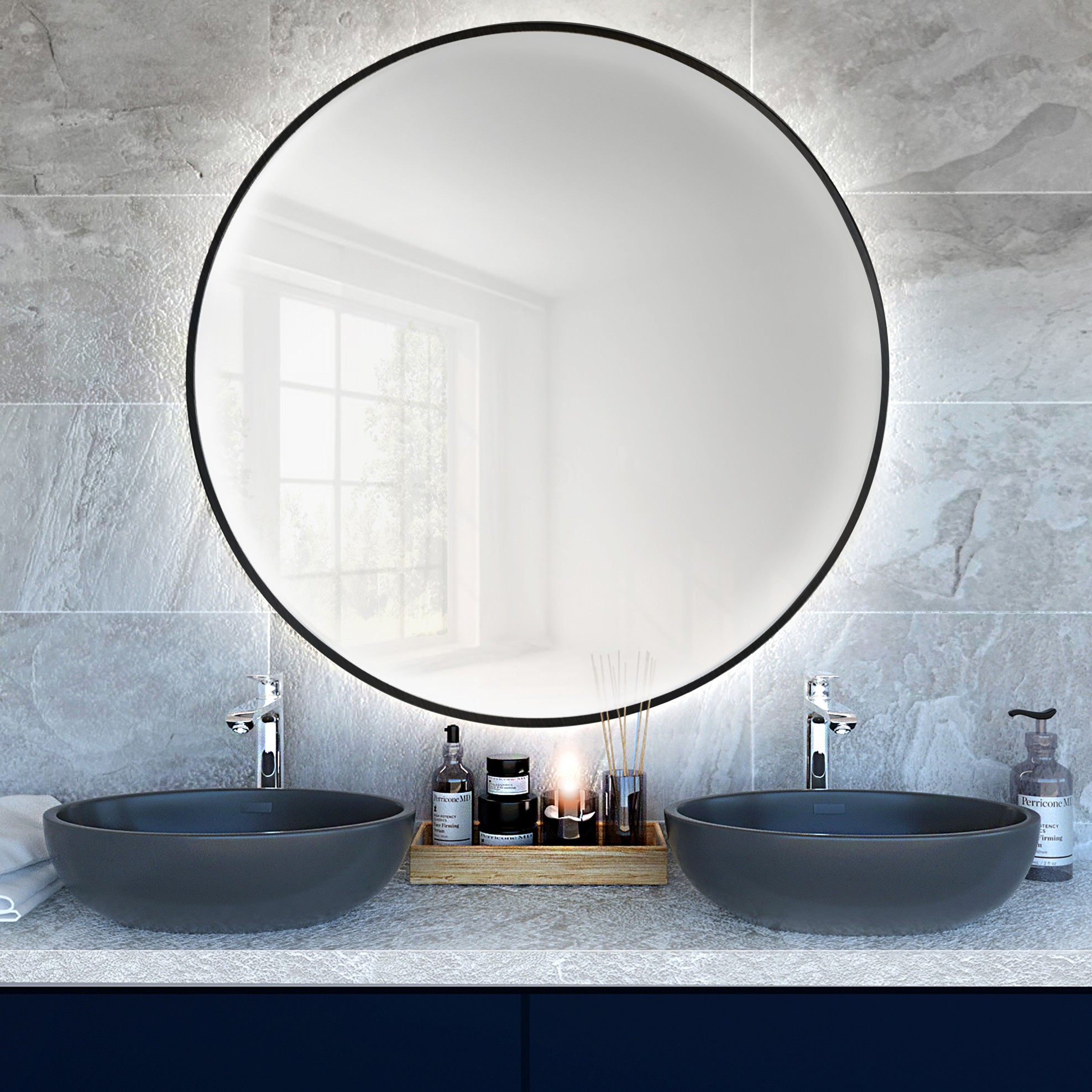 Darmowa Dostawa - Lustro 80x80 cm okrągłe z oświetleniem czarny Baltica Design Bright 5904107900292
