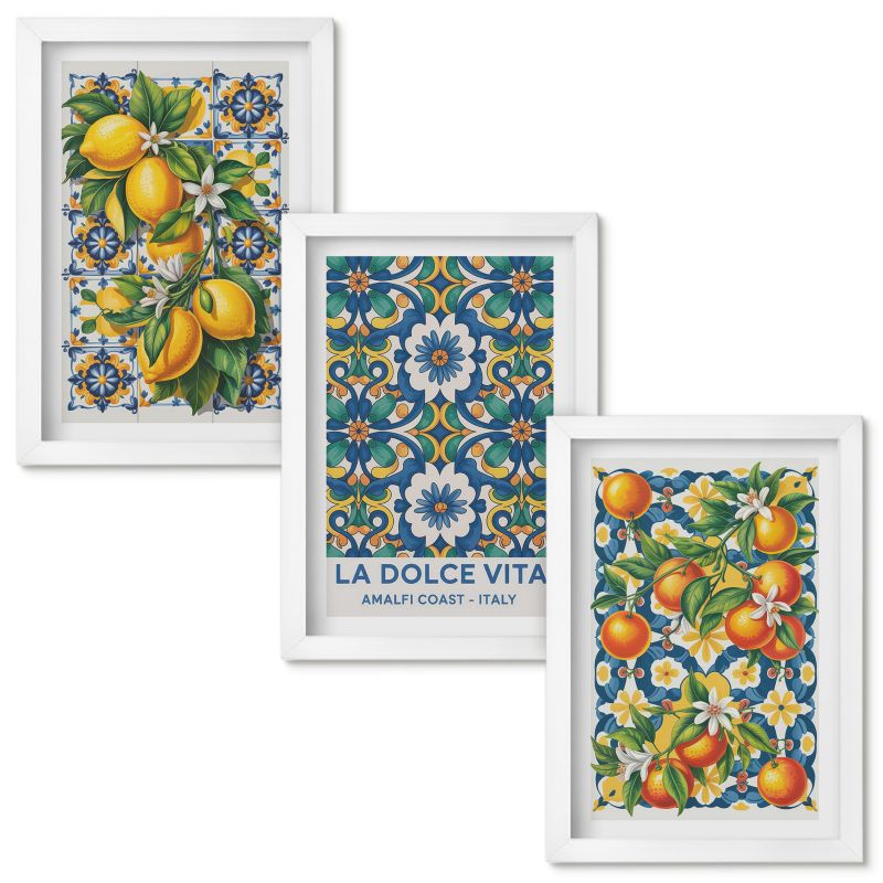 Tryptyk w Ramie Wallfluent Cytrusy kolorowe abstrakcje Biała rama 20x30cm 3 szt.