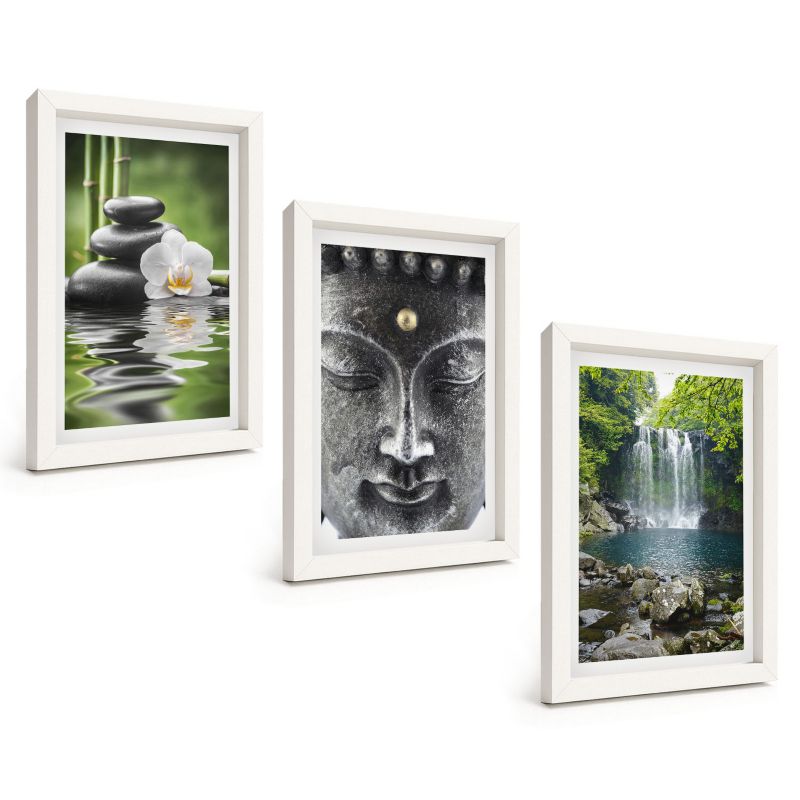 Komplet 3 Obrazów w Białej Ramie ArtPrintCave 20x30 cm Grafika Ścienna Harmonia kamienie woda Budda 1 kpl.