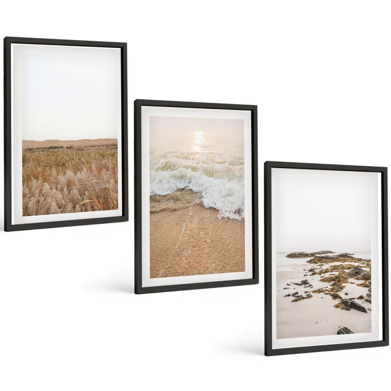 Galeria 3 Obrazów w Czarnej Ramie ArtPrintCave 40x60 cm Komplet ścienny Plaża fale kamienie lato 1 kpl.