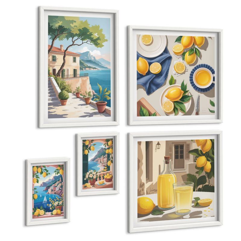 Pięcioczęściowy Zestaw Obrazów ArtPrintCave (2x50x50+2x20x30+40x60cm) Biała rama Kwiaty oliwki w wazonach natura 1 kpl.