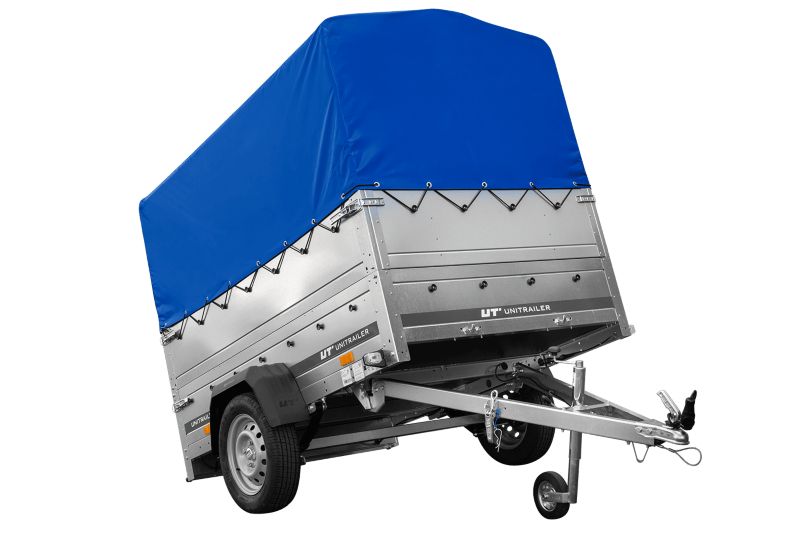 Przyczepka lekka Unitrailer GARDEN 201/R KIPP na resorach 200x125 z burtami BIS stelażem H-800 i pokrowcem niebieskim 1 szt.