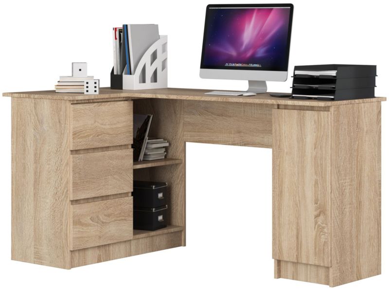 Biurko narożne Akord B20 Dąb Sonoma 155 cm lewe 1 drzwi 3 szuflady kolor Dąb Sonoma mat 4 półki 155x85x77 cm 1 szt.
