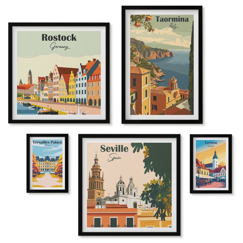 Pięć obrazy w czarnej ramie zestaw Tulup Grafiki miast w stylu retro Nowoczesny design 1 kpl