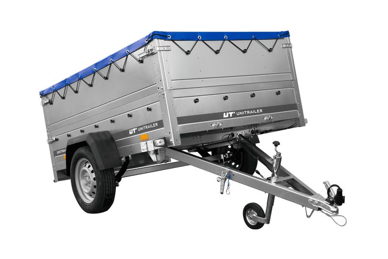 Przyczepka lekka na resorach Unitrailer GARDEN 201/R KIPP z burtami BIS, stelażem H-0 i plandeką niebieską 200x125 1 szt.