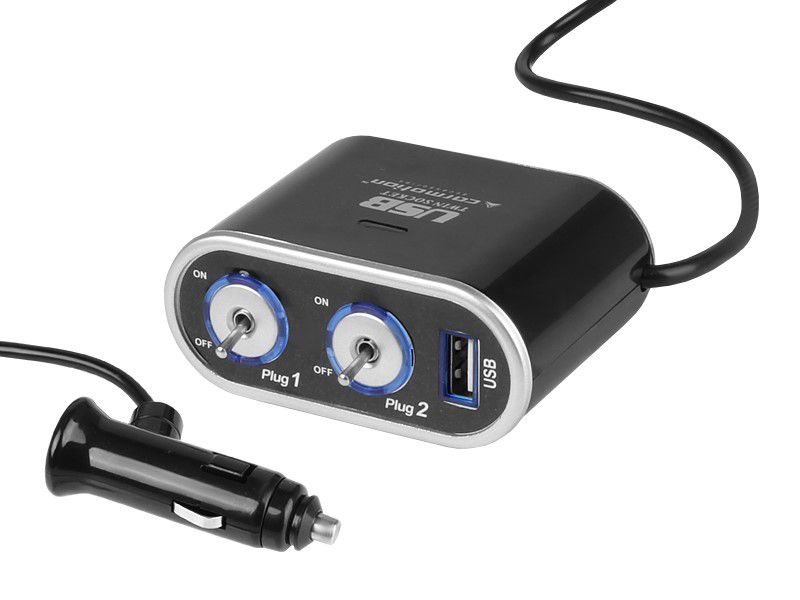 Rozgałęziacz zapalniczki podwójny, Carmotion, 12/24V włączniki, USB 1000 mA, 1 szt.
