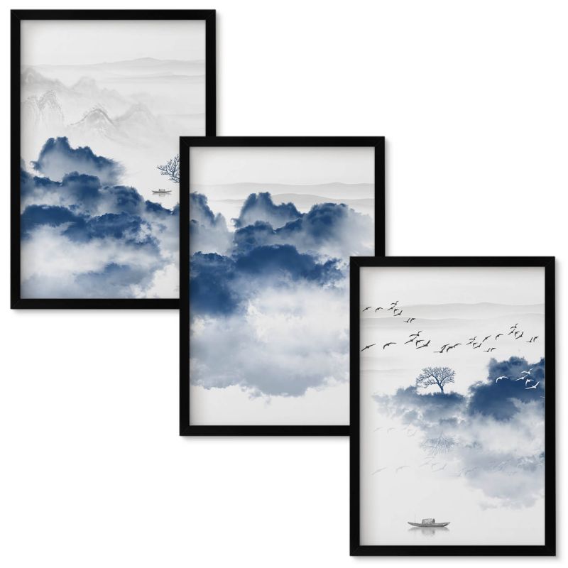 Obrazy Do Sypialni Wallfluent Góry chmur drzewa ptaki Czarna rama 40x60 cm 3 szt.