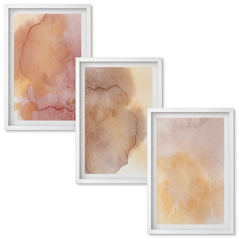 Obrazy Do Sypialni Wallfluent Ciepłe akwarele barwne tekstury Biała rama 40x60 cm 3 szt.