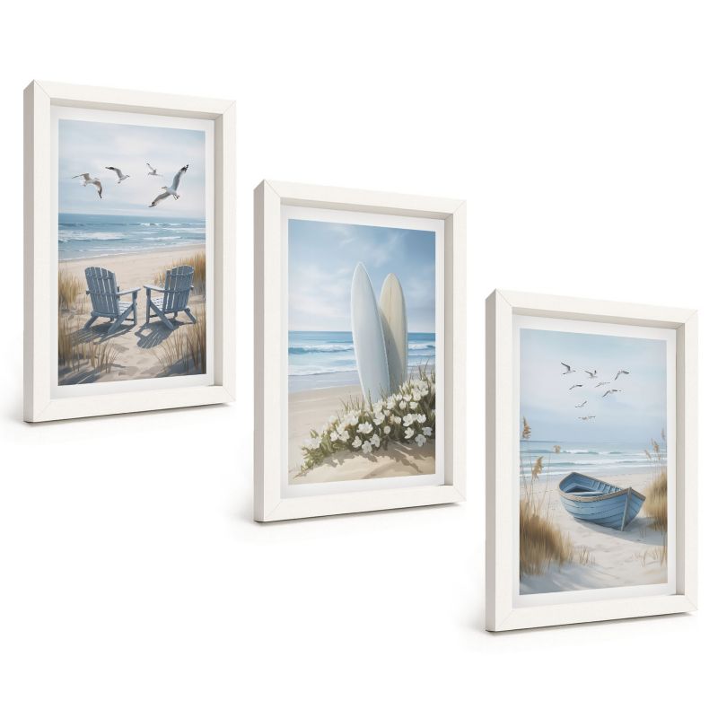 Zestaw Obrazów 3 Częściowy ArtPrintCave Białe Ramki 20x30 cm Dekoracja do Sypialni Plaża deski surfingowe ptaki 1 kpl.