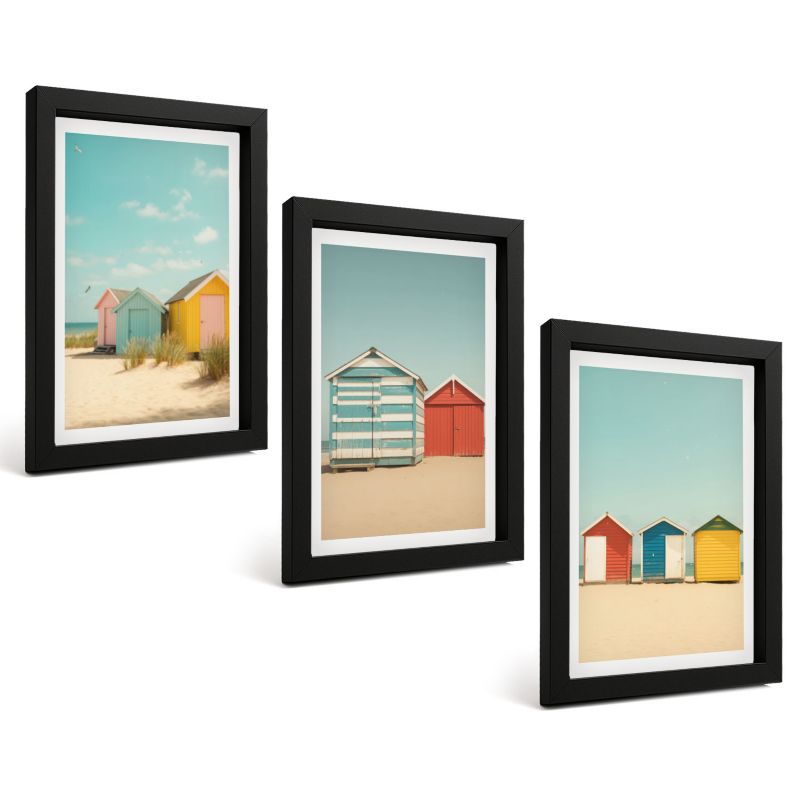 Zestaw Obrazów 3 Częściowy ArtPrintCave Czarne Ramki 20x30 cm Dekoracja do Sypialni Kolorowe domki plaża słońce 1 kpl.