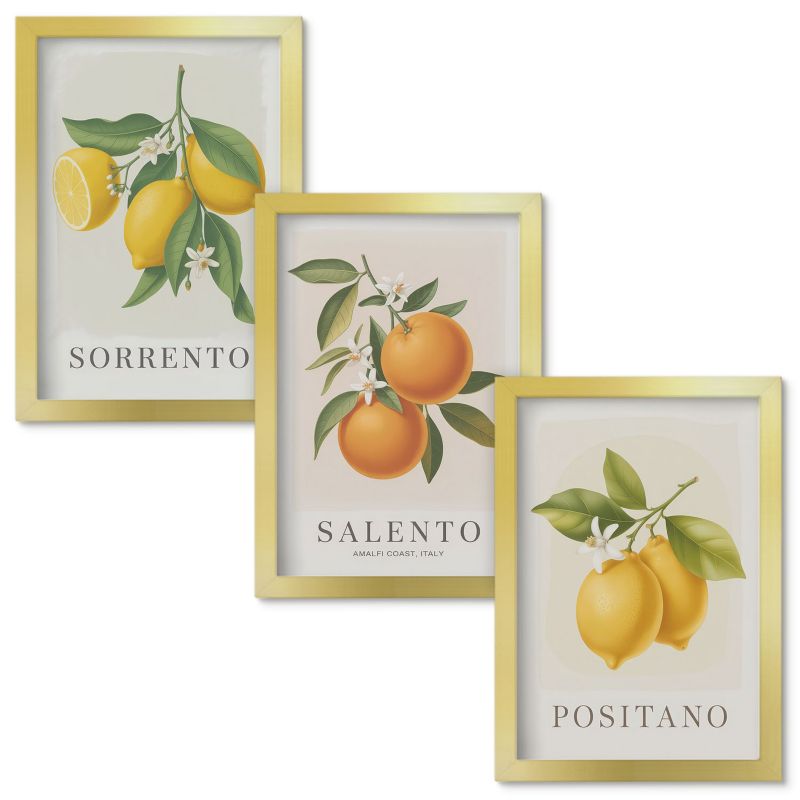 Obraz Ścienny Zestaw Wallfluent Cytryny pomarańcze Amalfi Złota rama 20x30cm 3 szt.