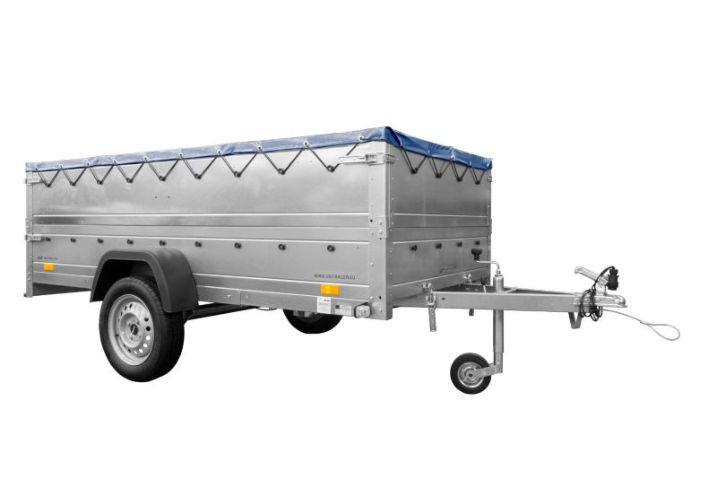 Przyczepka samochodowa Unitrailer na resorach 264x125 GARDEN 264/R KIPP z burtami BIS, stelażem H-0 i plandeką niebieską 1 szt.