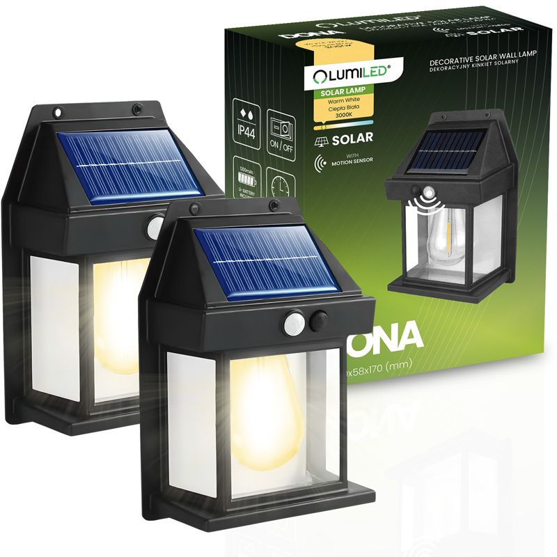 Kinkiet Solarny Lumiled Lampa Elewacyjna LED 3000K IP44 z Czujnikiem Ruchu i Zmierzchu 2 szt.