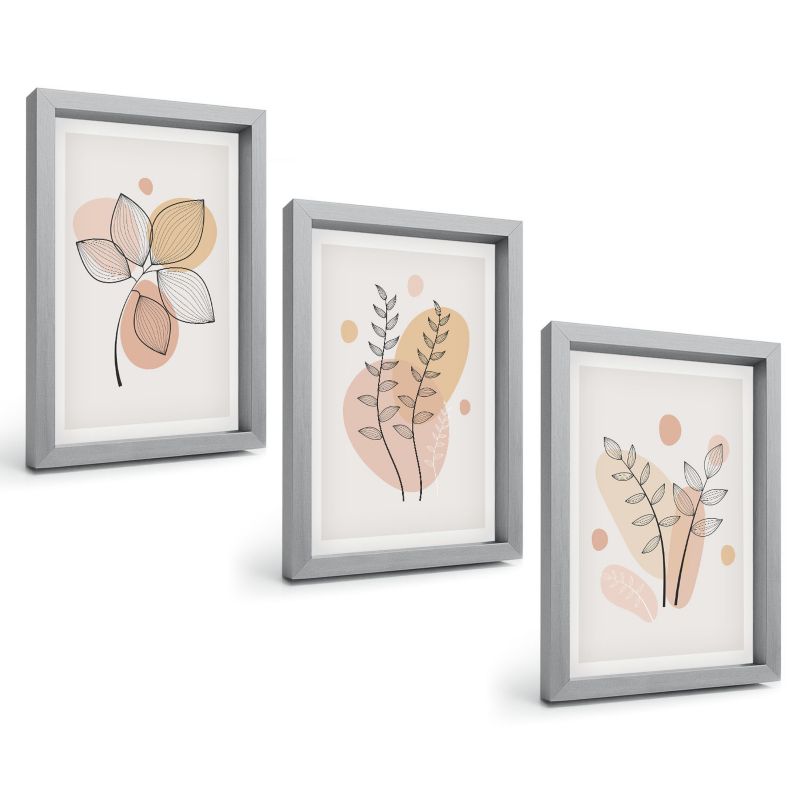 Zestaw Obrazów 3 Częściowy ArtPrintCave Srebrne Ramki 20x30 cm Dekoracja do Sypialni Rysunki roślinne pastelowe 1 kpl.