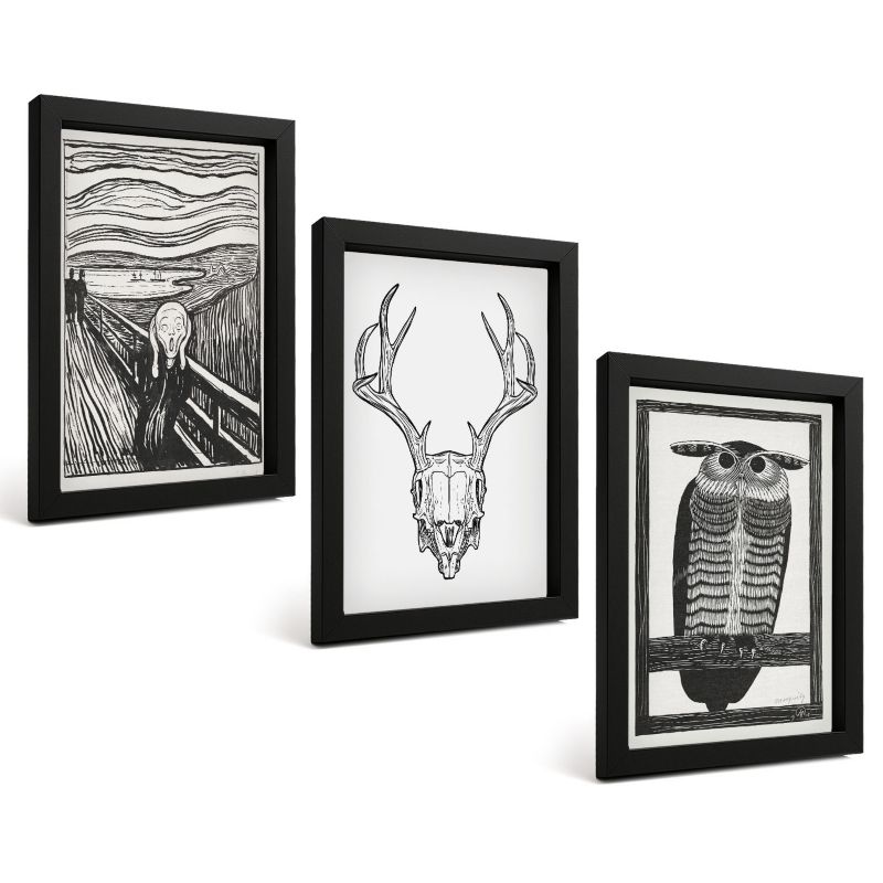 Zestaw Obrazów 3 Częściowy ArtPrintCave Czarne Ramki 20x30 cm Dekoracja do Sypialni Krzyk czaszka sowa grafika 1 kpl.